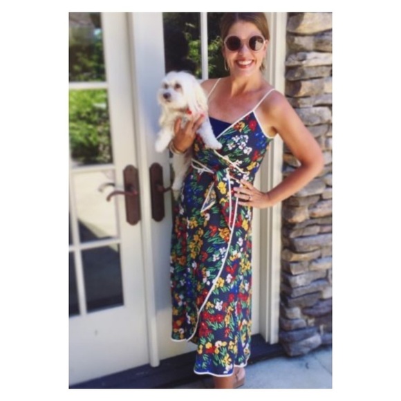 TORY BURCH Navy Blue Floral Grotto Midi Wrap Dress Size 8 - Picture 4 of 15